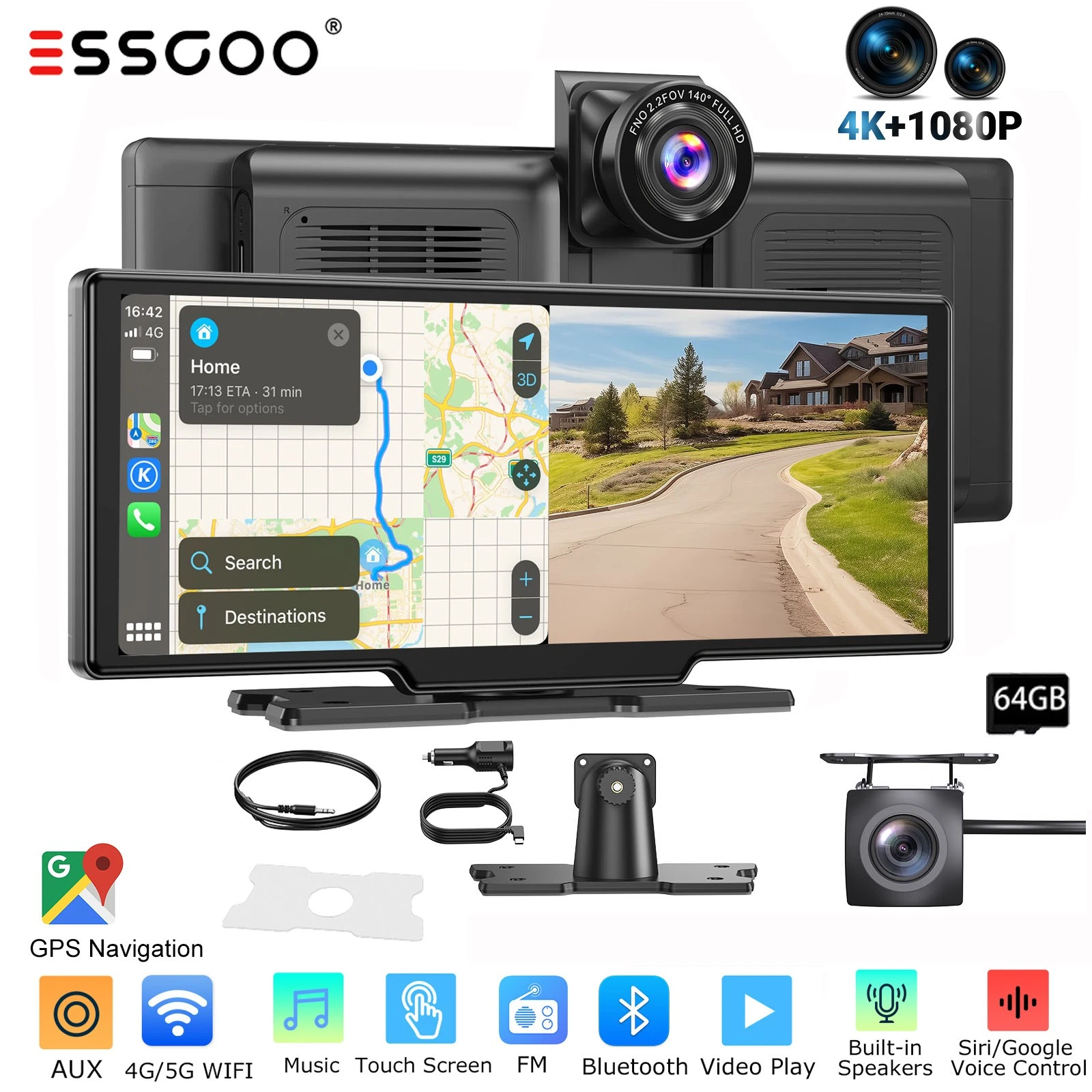 10.26インチ 4K 64GB ダッシュカム タッチスクリーン カーステレオ バックミラー ワイヤレス Apple Carplay Android Auto デュアル Len レコーダー ダッシュボード