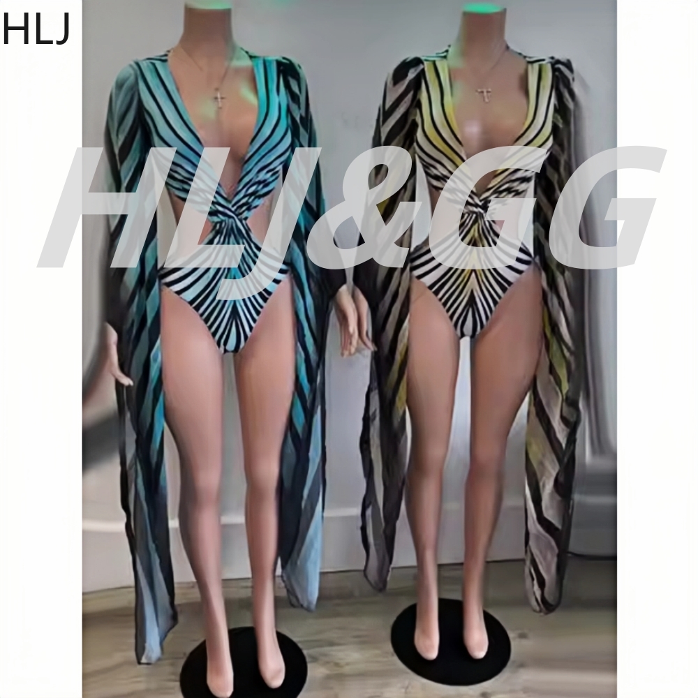 HLJ セクシーなストライププリント女性水着ボディスーツファッション水着水着ビーチウェア長袖ワンピース水着ビーチウェア