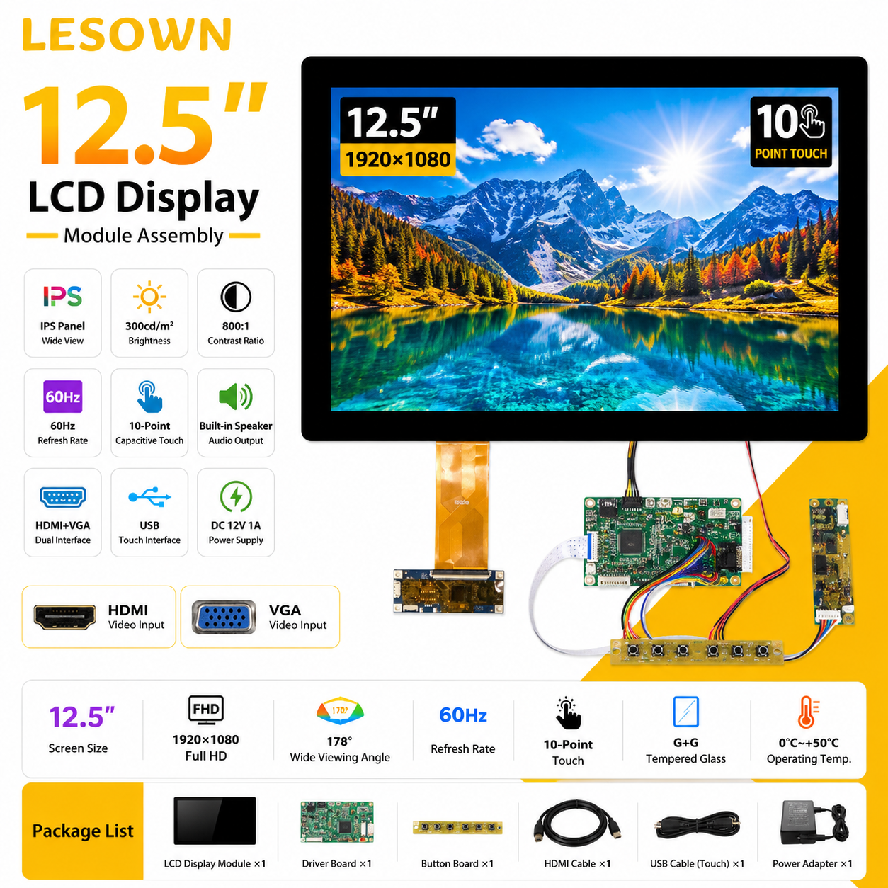LESOWN 12.5 インチ モジュール視覚化 1080P モニター画面、ドライバーボード G G タッチプラグ付き