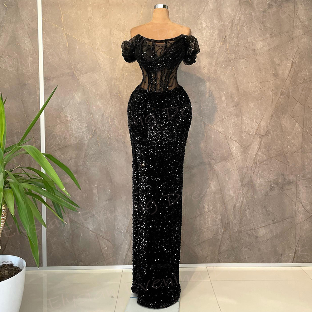 Shiny Black Women's Mermaid Elegant Evening Dresses Formal Party Customized Prom Gowns Gorgeous Sequined فساتين سهره شارون سعيد
