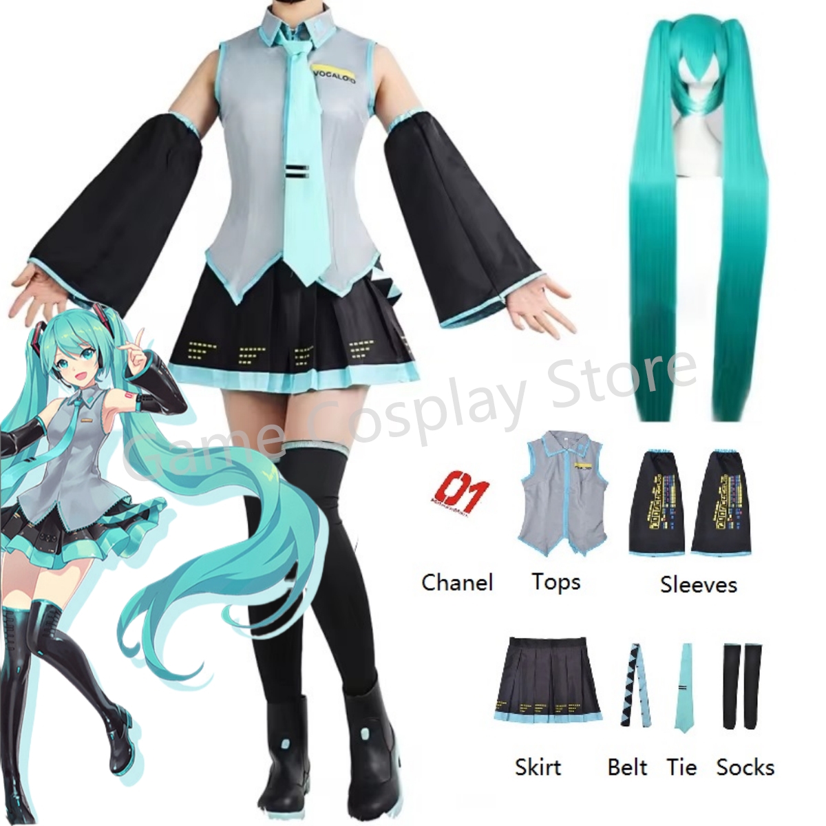 アニメフィギュアパフォーマンス服ミクコスプレ衣装 JK スカートスーツウィッグアクセサリーハロウィンカーニバルパーティーコミコン