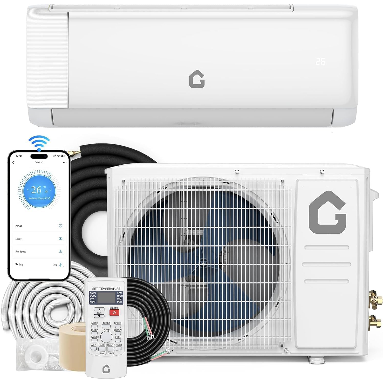 24000 BTU ヒーター付きミニスプリットエアコン、19 SEER2、230V エネルギーダクトレス壁掛け AC ユニット、リモートで部屋を冷却