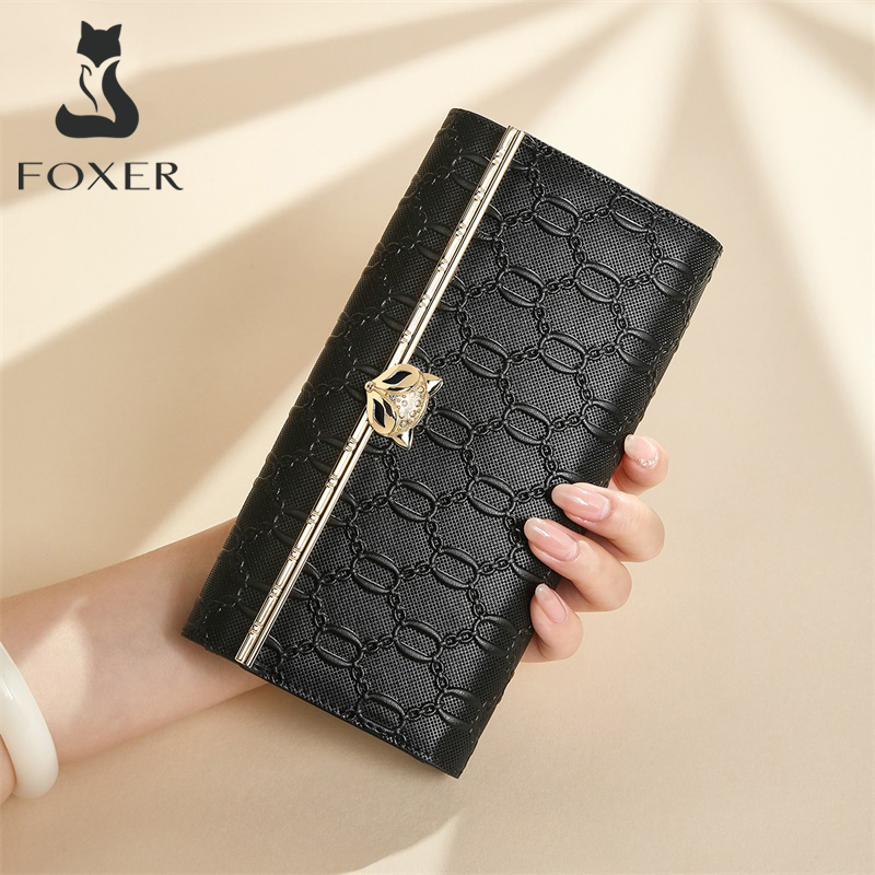 Foxer スプリットレザーの女性の長財布ファッションクラッチバッグ女性の携帯電話バッグ小銭入れ女性カードホルダー札入れマネーバッグ