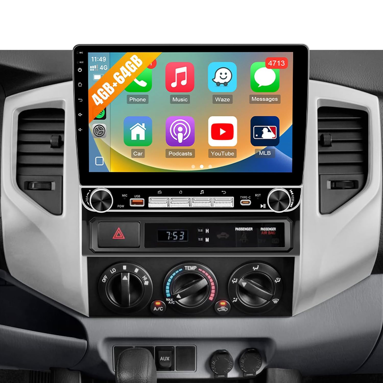 4G 64G Android 13 カーステレオ トヨタ タコマ 2005 ～ 2015 ラジオ Carplay Android Auto 付き 10.1インチ デュアルノブ キーボタンスクリーン タコマヘッドユニット/GPS/FM RDS/EQ/DSP/バックアップカメラ用