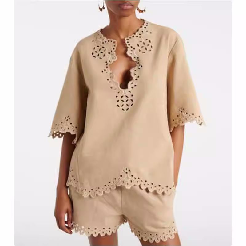 Spring/Summer Hollow-out V-neck Pullover T-shirt with Lace Trim Shorts Solid Color Set