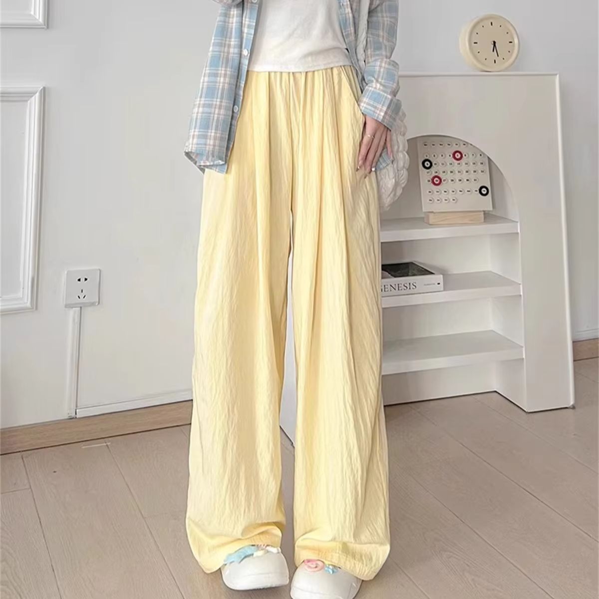 女性薄型ハイウエストパンツ固体夏のファッション快適なストレートズボン弾性ウエストワイドレッグパンツ 2026 カジュアル服