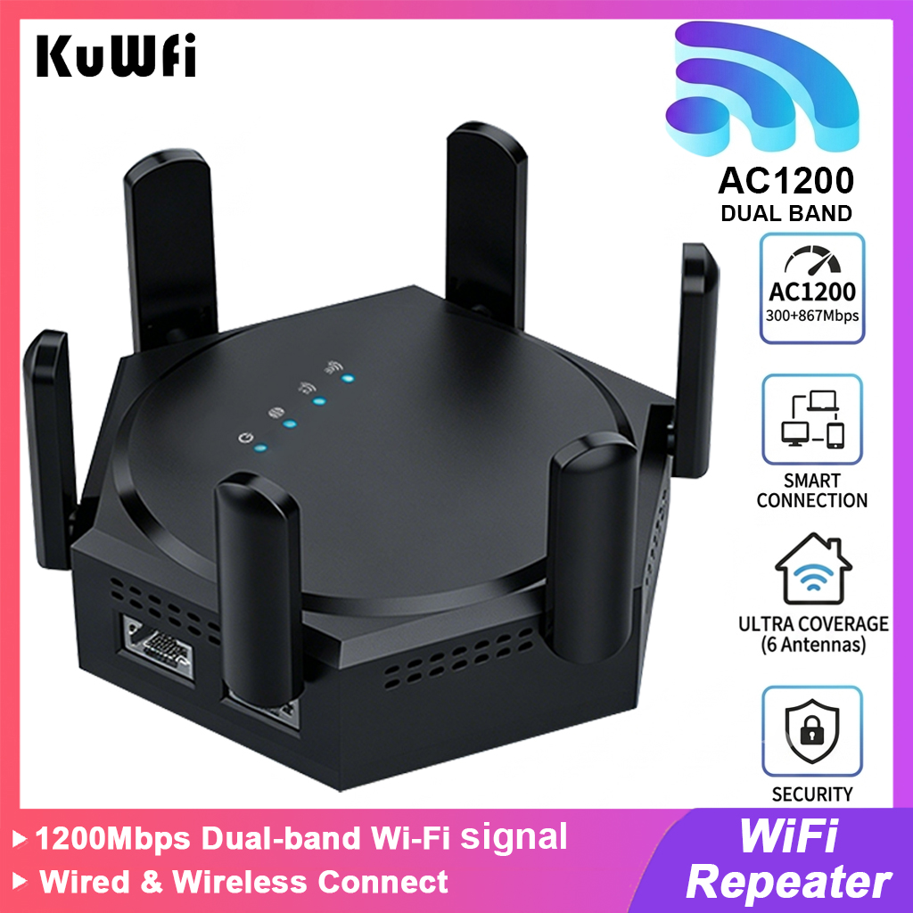 KuWFi 1200Mbps ワイヤレス WiFi リピーター デュアルバンド WiFi アンプ Wifi エクステンダー 802.11AC WiFi ブースター LAN 付き高速アンテナ