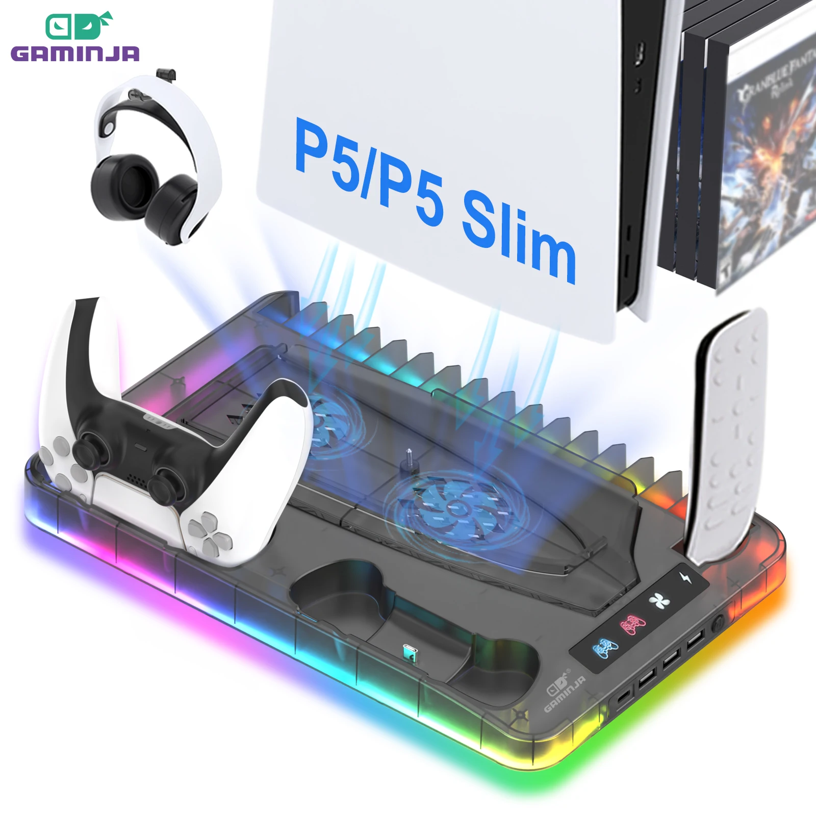 GAMINJA ホスト放熱ベース PS5 用 7 色の光効果ヘッドフォンフックゲームディスク収納ラックハンドル充電スタンド