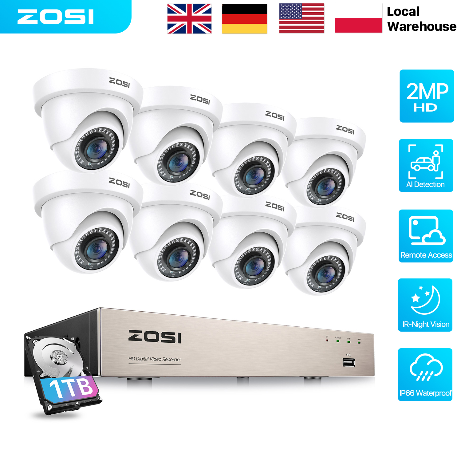 ZOSI 8 チャンネル HD 1080P CCTV セキュリティビデオカメラシステム HD-TVI DVR レコーダー 防水 IR フィルター付き 2MP 有線ドームカメラ