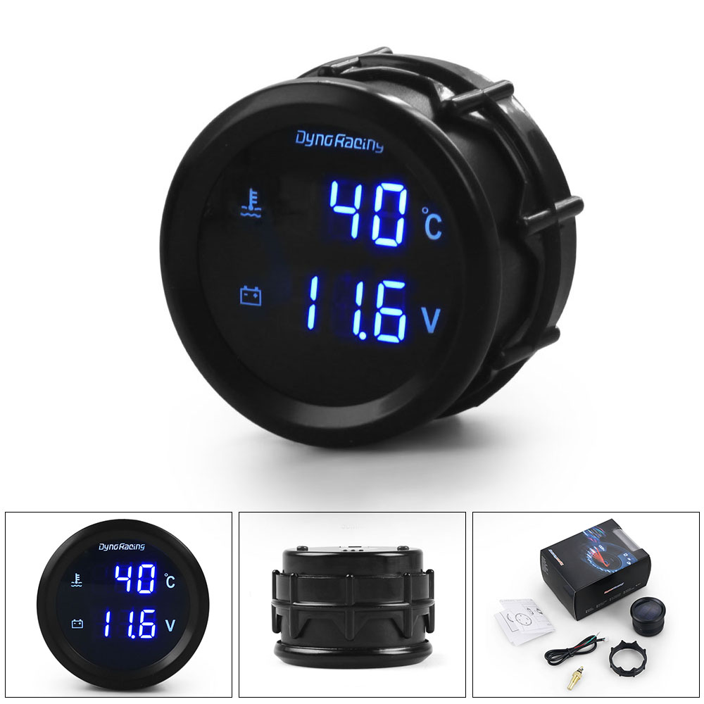 2インチ 52mm 2-in-1 デジタル水温計と電圧計 ブルーLED付き 車用 12V/24V 温度センサー1/8NPT付属