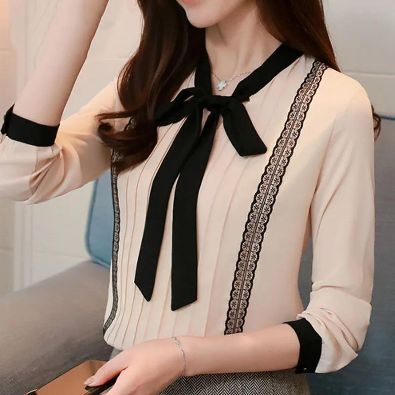 2025 蝶ネクタイ襟長袖ブラウス女性シャツ甘いファッションレースパッチワーク服女性トップスシャツ服 0473 30