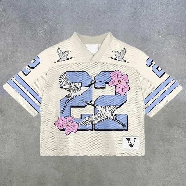 レトロ Y2K ストリート男性/女性 V ネックルーズトップスアメリカのトレンディな男性 Tシャツメッシュ半袖速乾性サッカージャージ