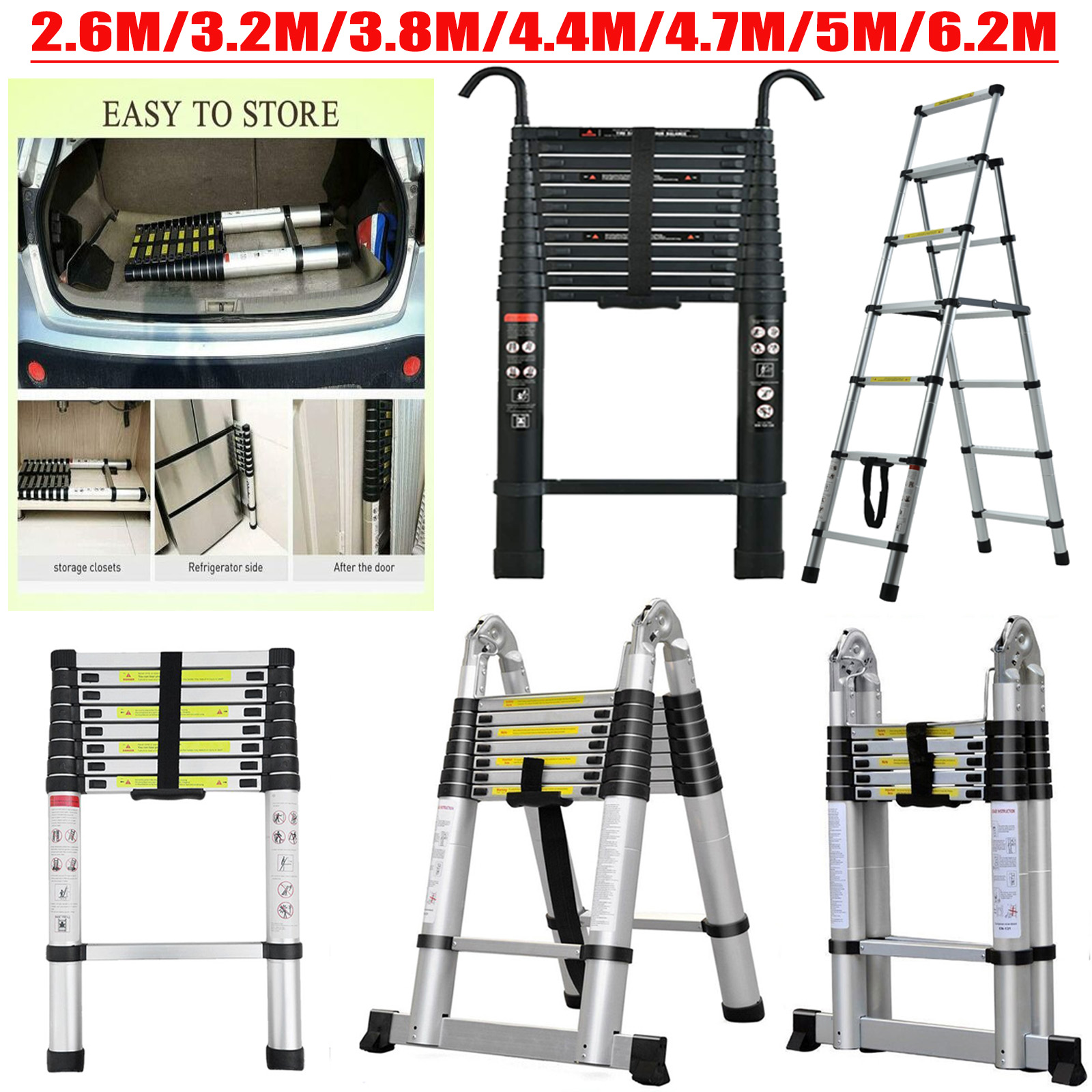 DayPlus Telescopic Loft Ladder Collapsible Step Ladders Extendable Alminium Ladders Folding Extending Portable,EN131,150kg/330lb