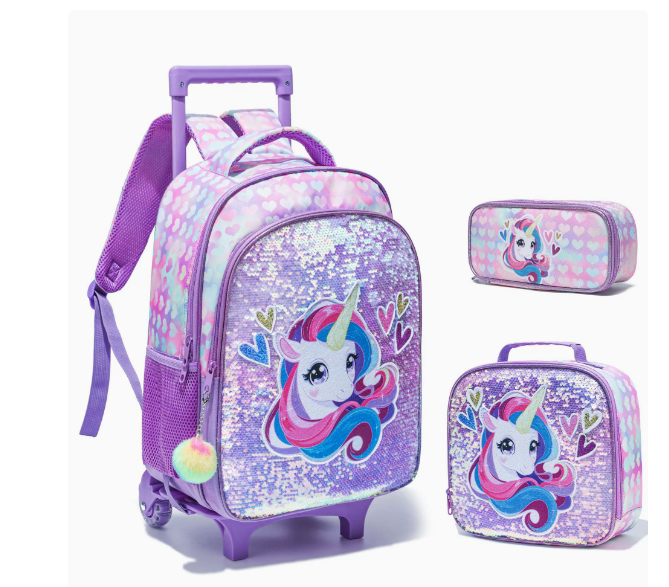 女の子用ローリングバックパック かわいい子供用ローリングバックパック ランチバッグ付き キッズバックパック 車輪付き スクールバックパック 女の子用