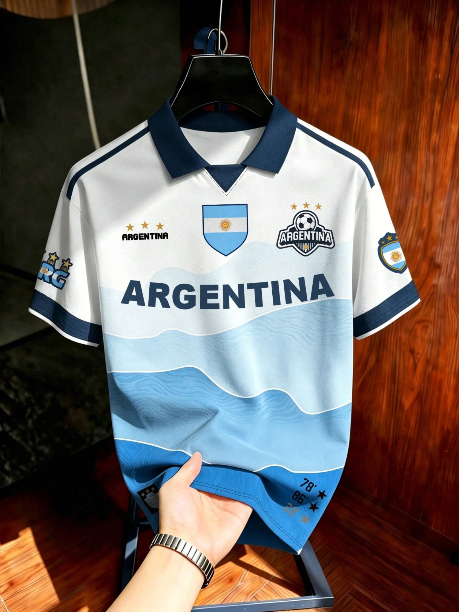 メンズ夏 Tシャツアルゼンチン波グラデーションプリントポロ襟半袖サッカージャージスポーツトップサッカーサポーター着用