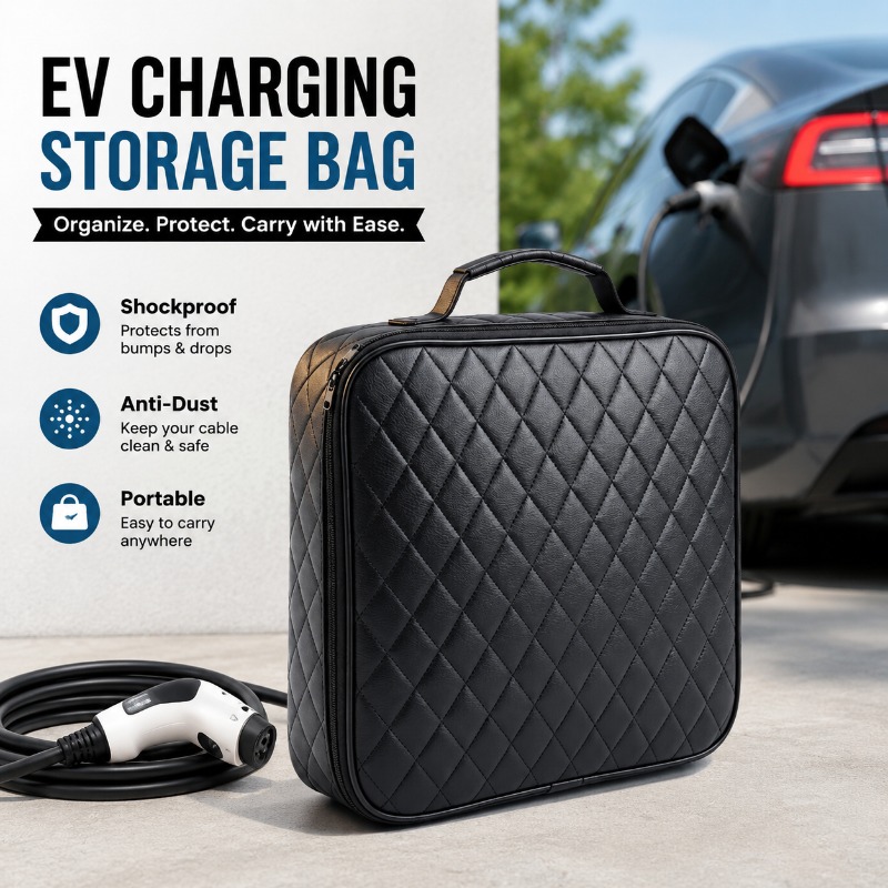 EV 車充電ケーブル収納バッグ、角型/円形充電ユニット用、耐衝撃性、防塵性のあるフェイクレザーまたはフェルト生地のキャリーケース