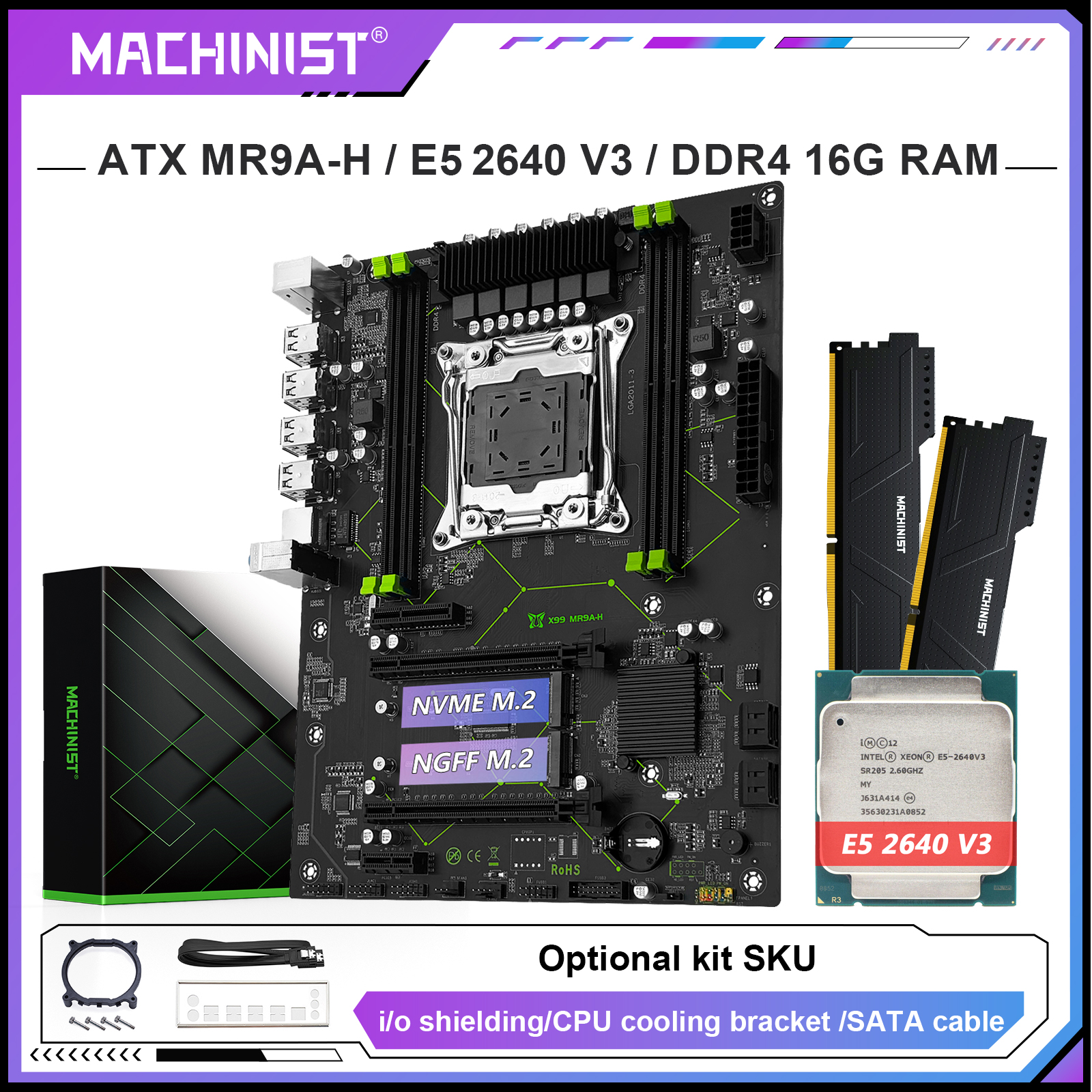 MACHINIST X99 マザーボード、オプション キット、Xeon E5 2640 V3 LGA 2011-3 CPU および DDR4 16GB RAM キット デュアルチャネル NVME M.2 MR9A-H