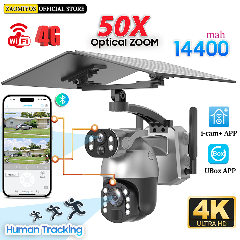 10MP 50x ズームデュアルレンズ 4G SIM ソーラーカメラ WIFI 屋外監視 PTZ 人間検出録画セキュリティナイトビジョンカメラ