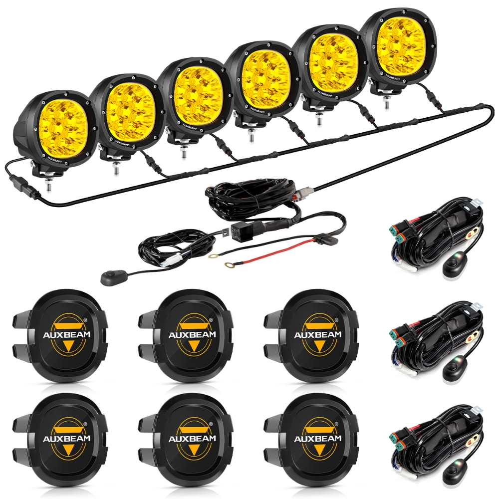 AUXBEAM 6 個 4 インチ LED ポッドライトワイヤーハーネス P4 ラウンドドライビングライトイエロー/ホワイトプラグ付き