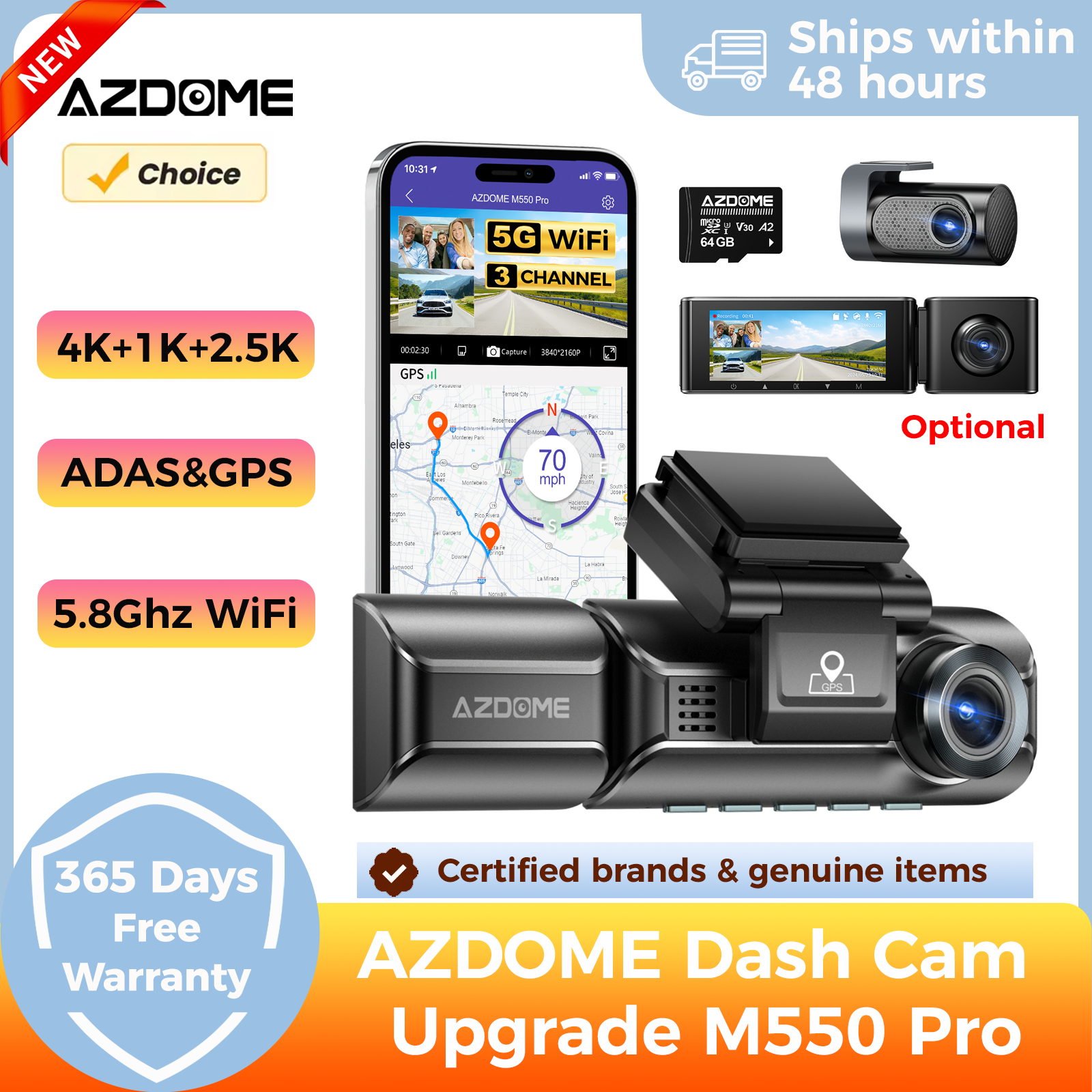 AZDOME M550 Pro 5.8Ghz WiFi 2/3 チャンネルダッシュカム 4K 2.5K 内蔵 GPS 3.19 インチ IPS スクリーン車 DVR IR ナイトビジョン 24 時間駐車モード