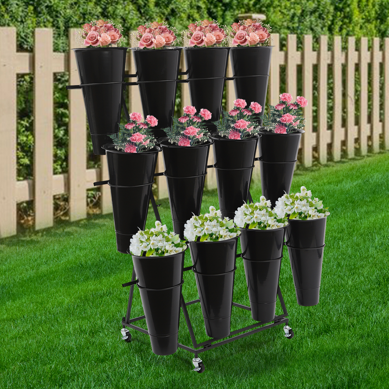 3-Tier Flower Display Stand 19.69x19.69x41.34in 12 Buckets Flower Rack with 4 Silent Wheels for Florist Shop Wedding Garden Black