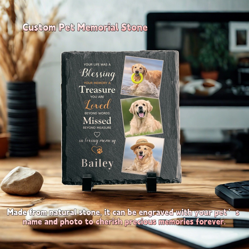 カスタムペット記念石パーソナライズ犬猫写真名彫刻天然スレート墓マーカー庭の装飾