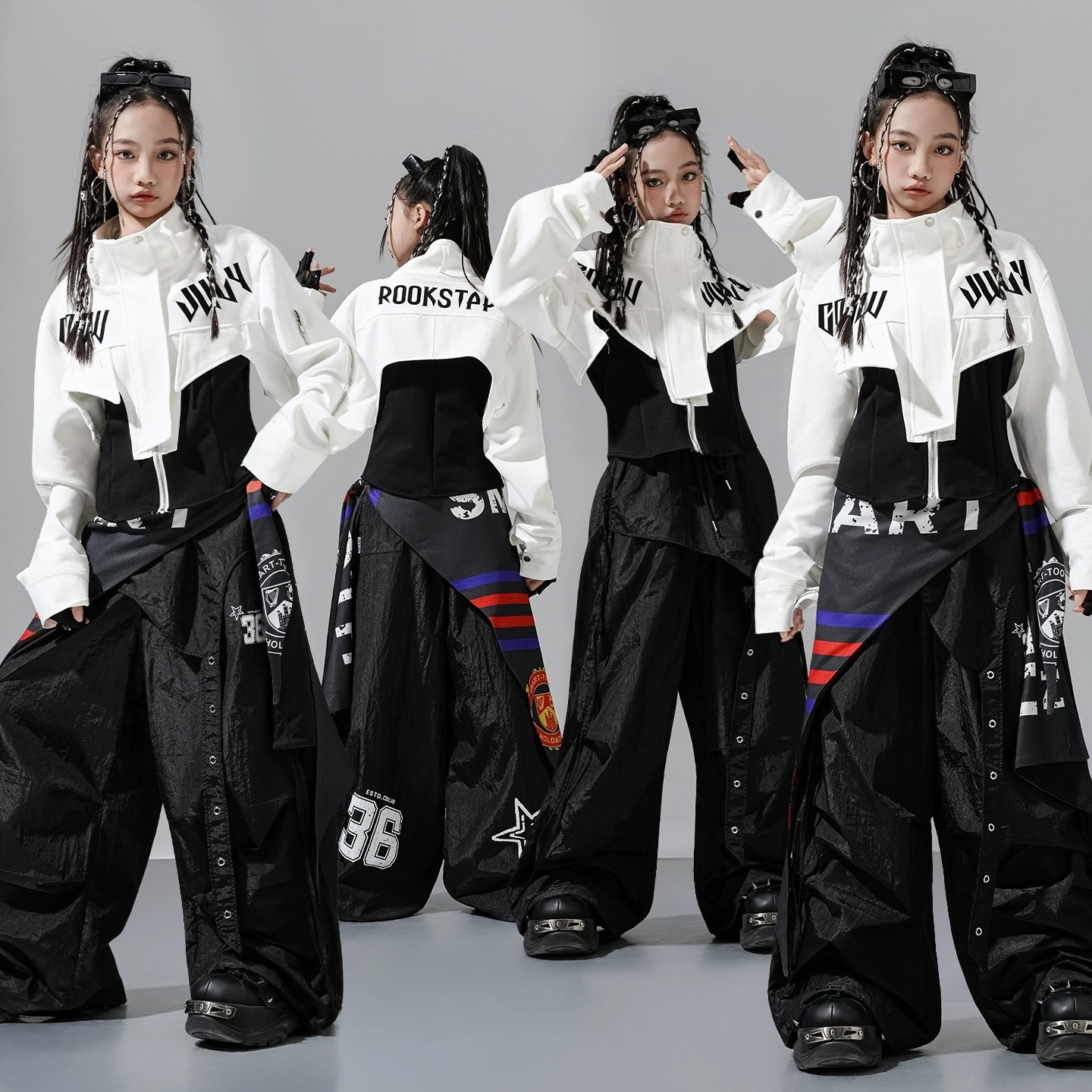 女の子ジャズダンス衣装ヒップホップ服長袖トップスカーゴパンツ子供モダンダンスパフォーマンス服ストリートウェア L18042