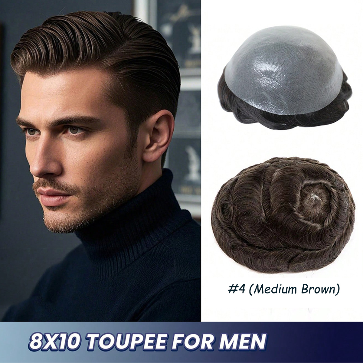 男性用かつら人毛ピース男性用シルクストレートヘア交換システム 10 × 8 インチベースサイズ薄い皮膚 PU 人工毛