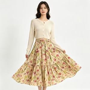 花柄のデジタルプリントシフォン、ナチュラルウエスト＆アンクル丈、エコでキュートな夏用通気性抜群のスカート