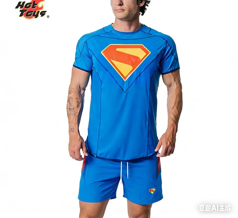 夏スーパーマン限定版パフォーマンス Tシャツショーツセット男性フィットネスランニング特大通気性速乾性スポーツスーツ