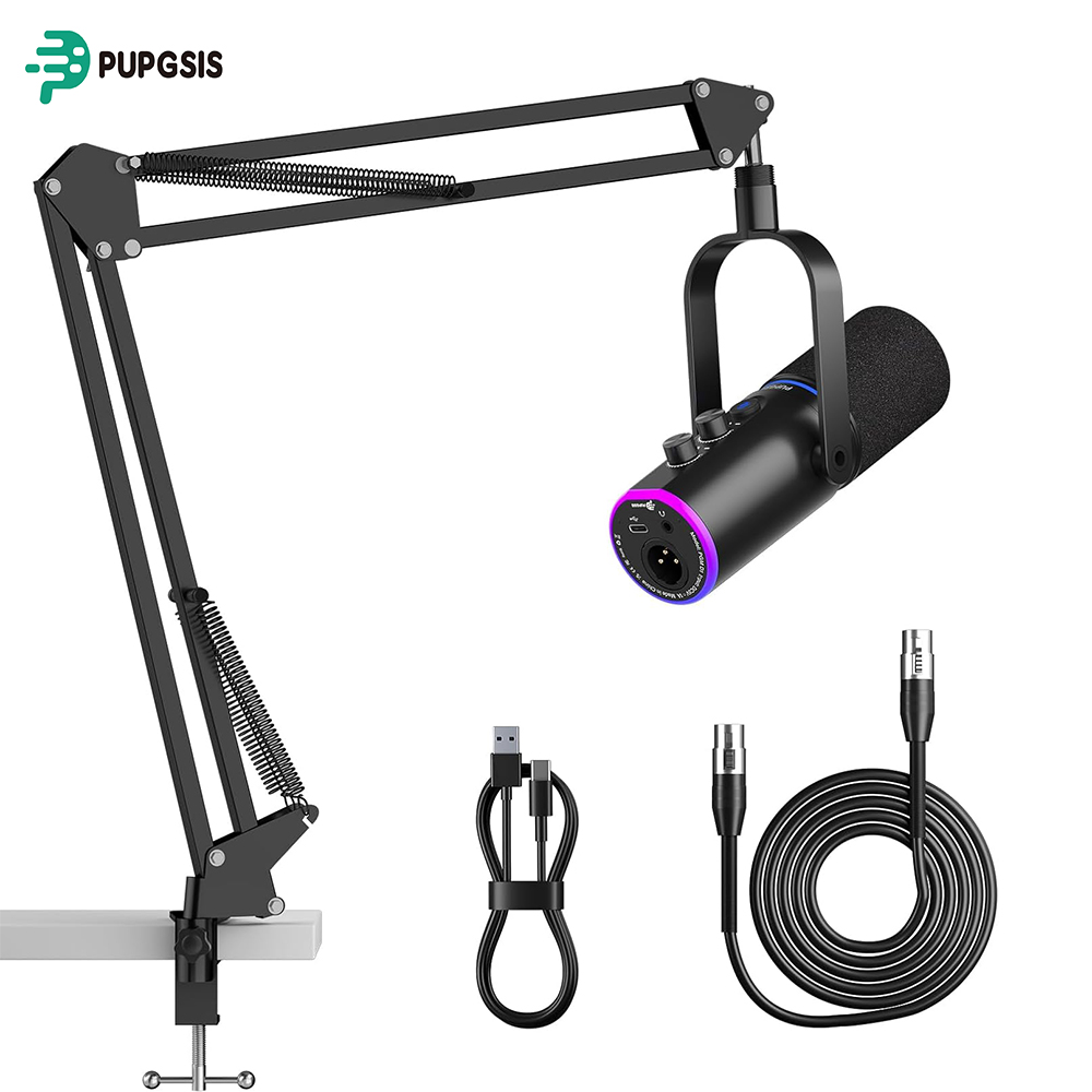 XLR/USB ゲーミングマイクキット: ポッドキャスティングストリーミング用ダイナミック PC マイク、ミュートボタン、リバーブエフェクト、アーム付き RGB コンピュータマイク