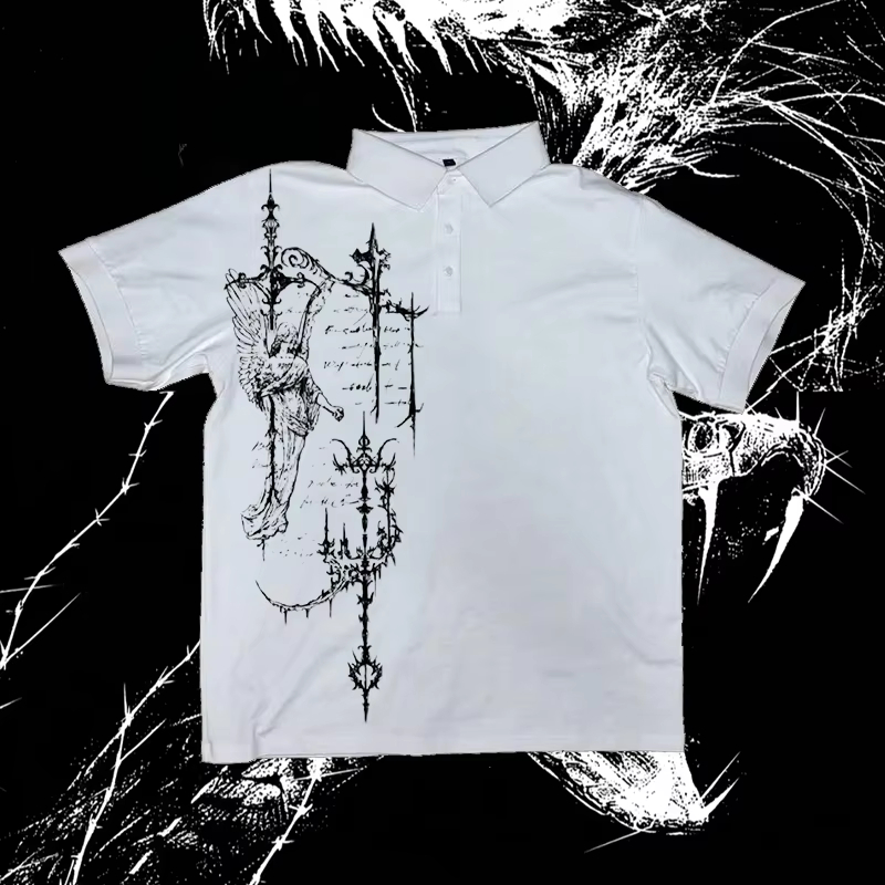 平和旗アメリカレトロポロシャツ Y2k Streetwaer 文字刺繍ラペルシャツカジュアル半袖ジャージヒップホップ男性服