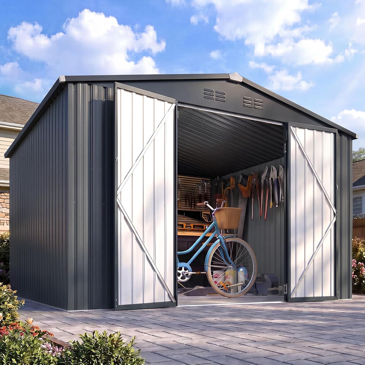 8フィート x 10フィートの防水金属製屋外収納小屋、大型頑丈ガーデンツール小屋、ロック可能な二重ドア付き、カスタマイズ