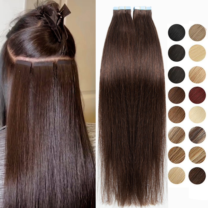 #02 Chocolate Brown Tape in Hair Extensions Human Hair Skin Weft Adhesive Tape 4x0.8cm Weft 12-24 Inch Tape Ins