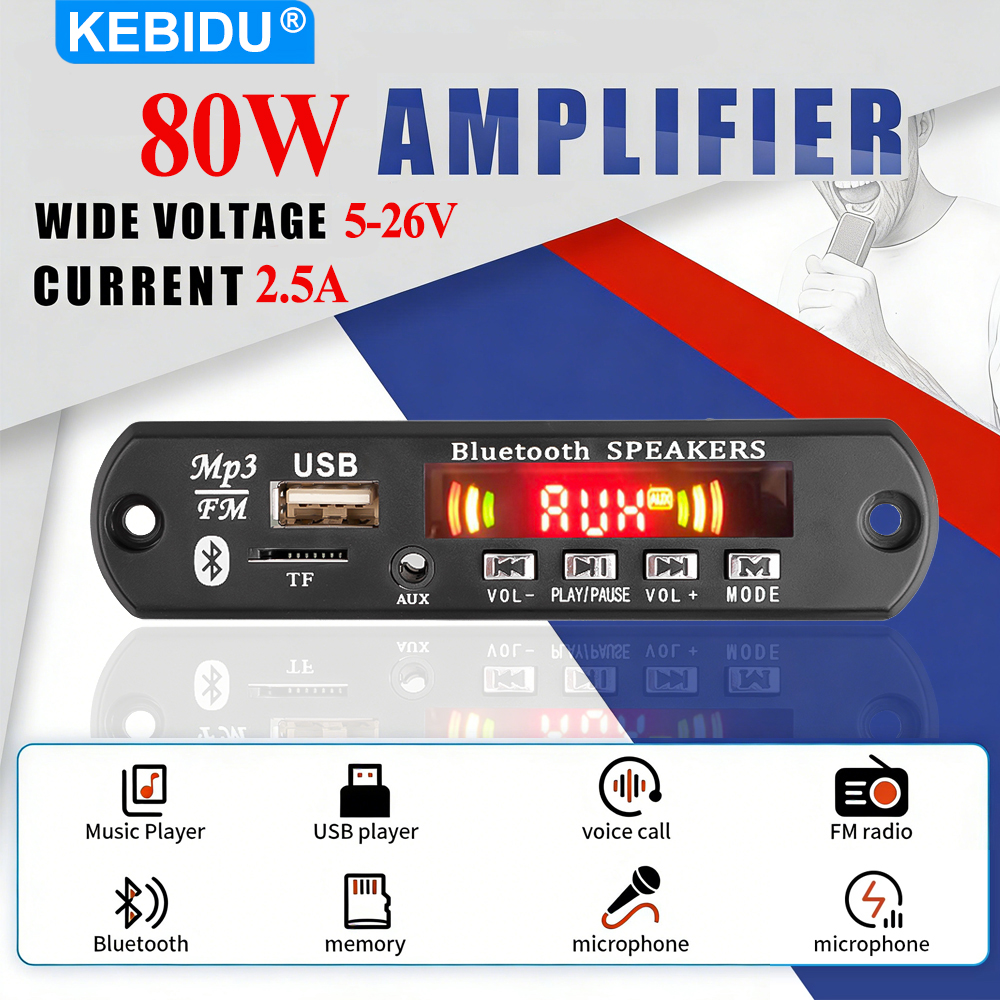 KEBIDU Bluetooth MP3 デコーダボード 80 ワットオーディオアンプハンズフリー車 MP3 プレーヤー DC 12V ワイヤレスラジオモジュール AUX TF FM U ディスク