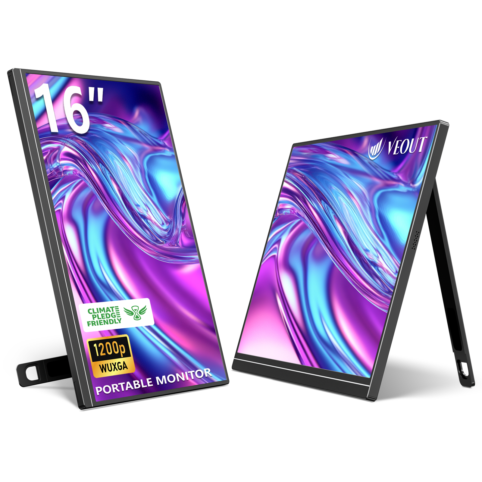 16インチ VEOUT ポータブルモニター 1920*1200P IPS、USB-C/HDMI、FreeSync 0.3インチウルトラスリム、キックスタンド、4色 - ゲーム、旅行に最適