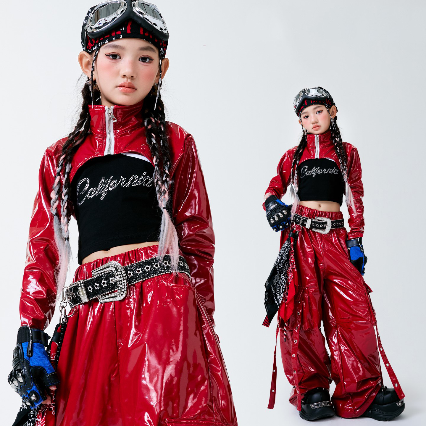 新しい女の子ジャズダンス衣装レッドレザートップスカーゴパンツへそ衣装ヒップホップ子供ストリートダンスパフォーマンス服 BL17657