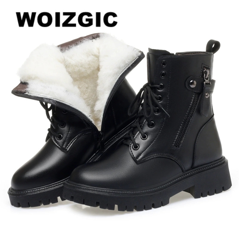 WOIZGIC 女性女性レディース母本革靴アンクルブーツ冬秋暖かい毛皮ウールジッパープラスサイズ 42 43