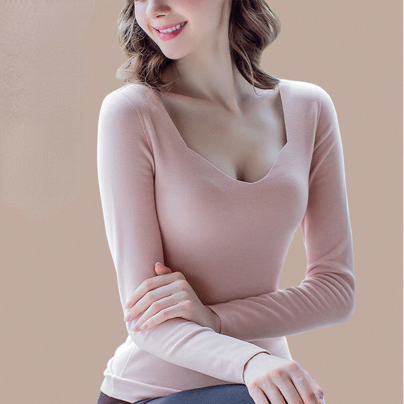 両面ドイツベルベット長袖 Tシャツ女性の秋と冬のローネックサーマル下着ボトリングシャツシームレス