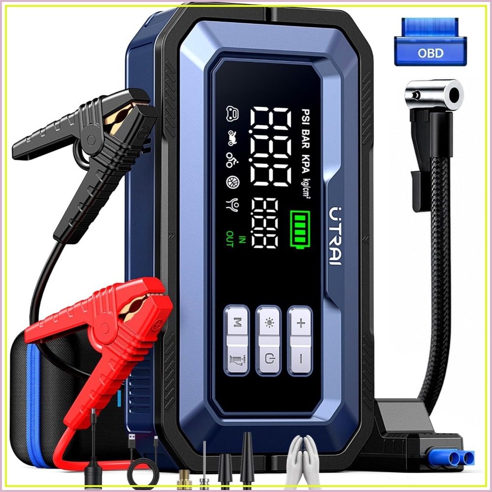 8000A ジャンプスターター、エアコンプレッサー付き、150PSI タイヤインフレーター、160W DC 出力、2000LM ライト、全ガス/12L ディーゼル用 OBD2 スキャナー