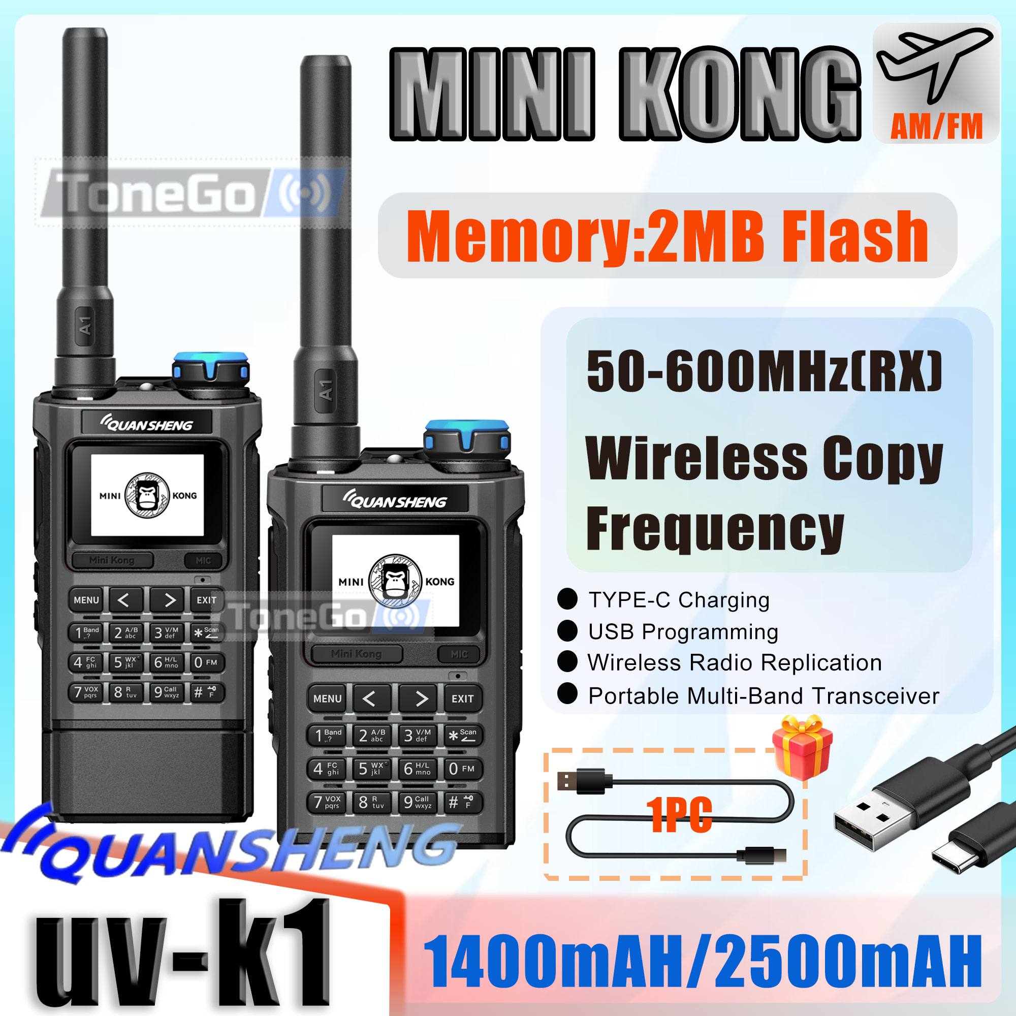 Quansheng UV-K1 ミニトランシーバー 2MB フラッシュ Type-C 充電プログラミング AM/FM 50-600MHz マルチバンド長距離双方向ラジオ