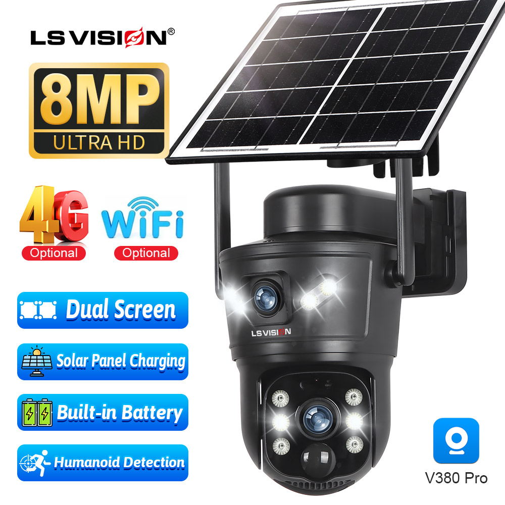 LS VISION 4K 8MP デュアルスクリーンソーラーセキュリティカメラ屋外 4G/WiFi デュアルレンズ PTZ 人間自動追跡 CCTV カメラ V380 プロアプリ