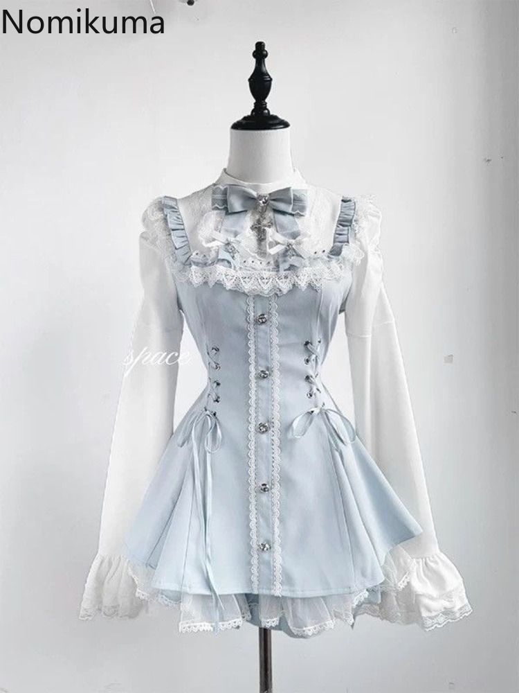 婦人服ドレススーツ 2 点セット Roupas ファムロリータスタイルスリムウエストリボンレース甘いドレス衣装日本のかわいいセット