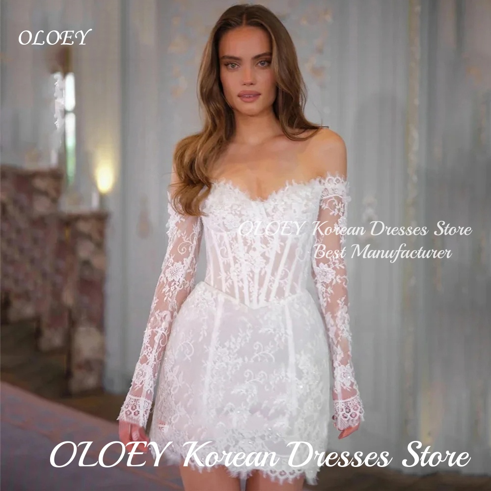 OLOEY 高級レースの恋人ミニウェディングドレスオフショルダーブライダルドレスセクシーなショートガウン Vestidos Novias Boda 女性カスタマイズ