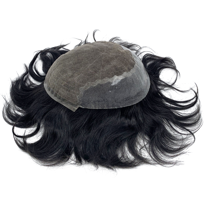 男性の Q6 レースフロントかつら PU ベース 120% 毛密度漂白ノットヘアパッチ男性のための自然な外観のヘアエクステンション
