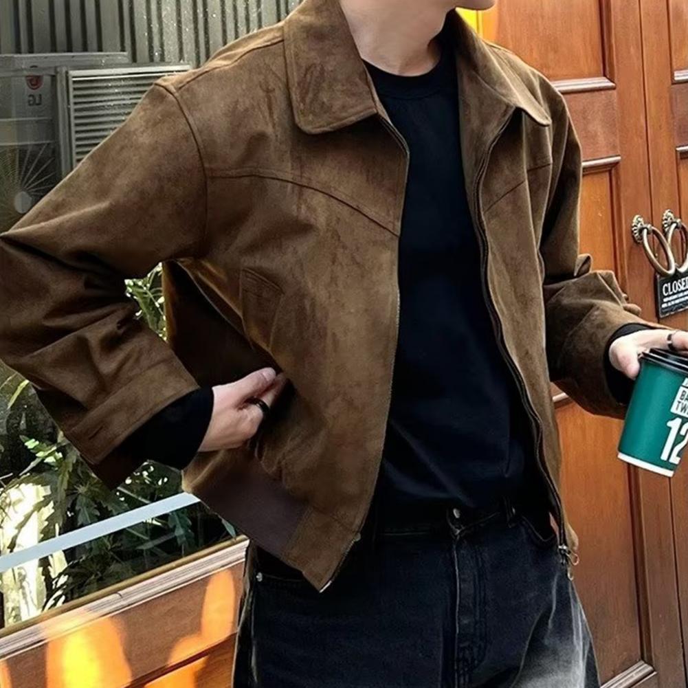 メンズ ジップアップ ジャケット スタイリッシュなメンズ ラペル ジャケット ジッパー開閉サイドポケット付きソリッド カラー アウトウェア ショート スタイル 長袖