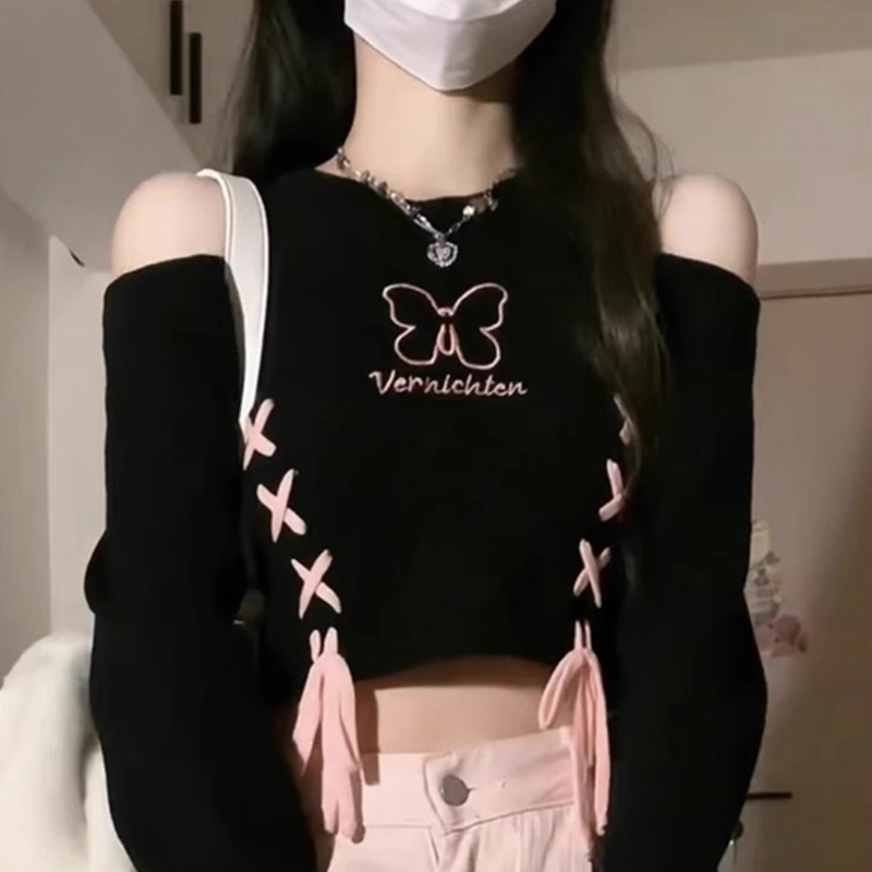 スパイシーガールセクシーなレトロ蝶刺繍オフショルダー女性クロップドセーター