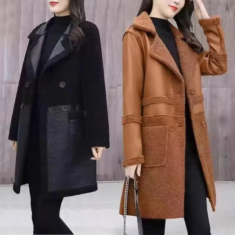 大きいサイズジャケット女性の新しい両面毛皮コート秋冬 2025 ラムズウールアウターロングパッド入りオーバーコートレディースレザートップス