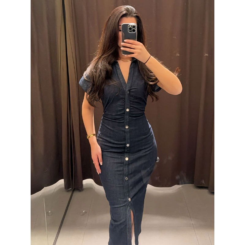 新しいロングドレス 2025 女性のファッション夏の V ネックシングルブレストスリムフィットデニムスカート婦人服トップス