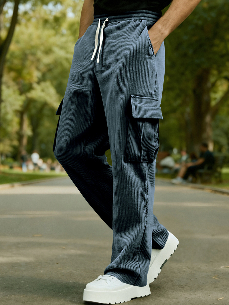 メンズ コーデュロイ カーゴ パンツ 伸縮性ウエスト 巾着 カジュアル パンツ サイドポケット付き ストレートレッグ 春と秋用